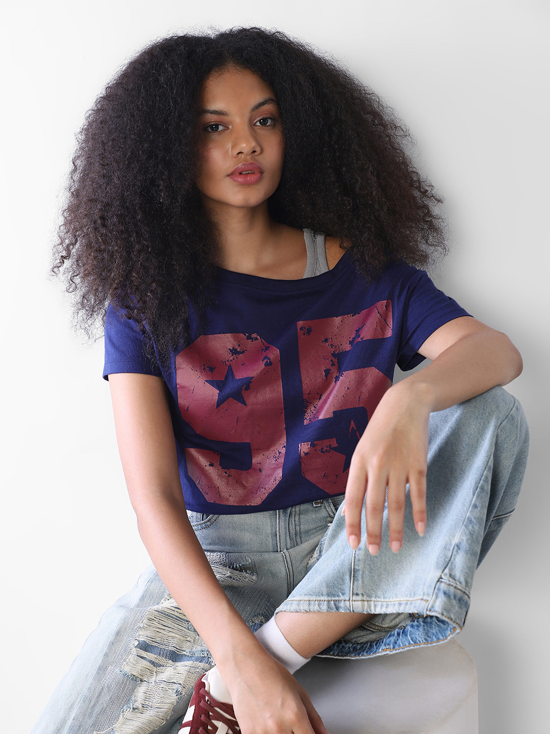 Navy Blue Printed Cropped T-Shirt