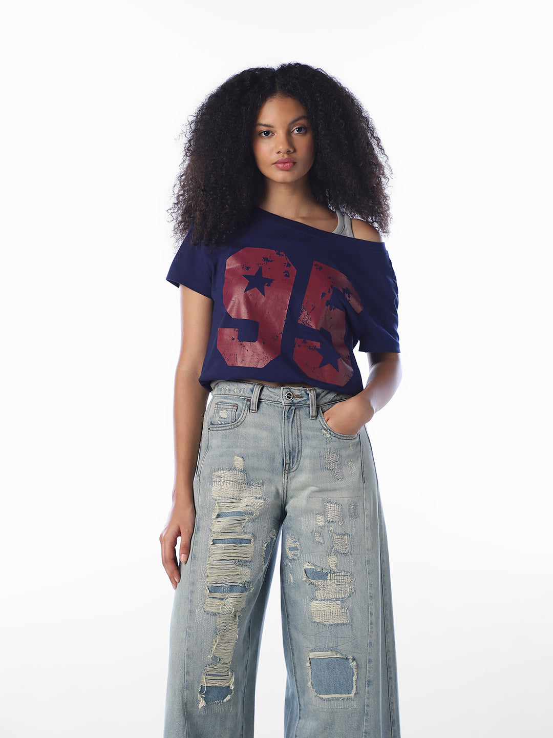 Navy Blue Printed Cropped T-Shirt