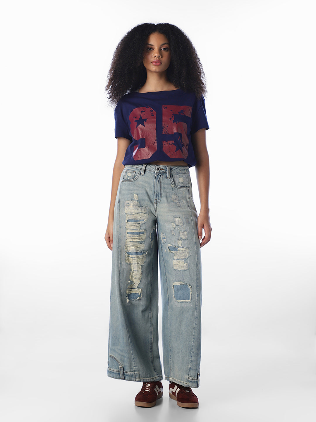 Navy Blue Printed Cropped T-Shirt