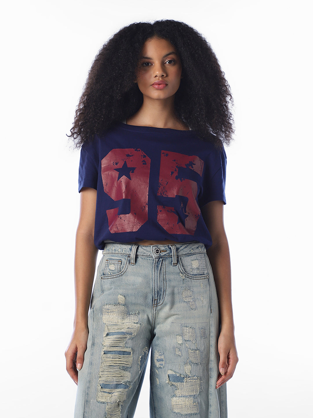 Navy Blue Printed Cropped T-Shirt