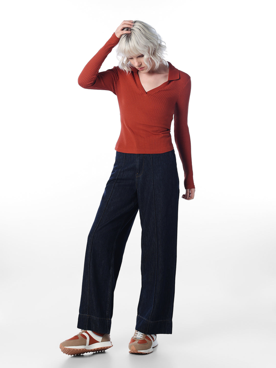 Ribbed Polo Knit Top