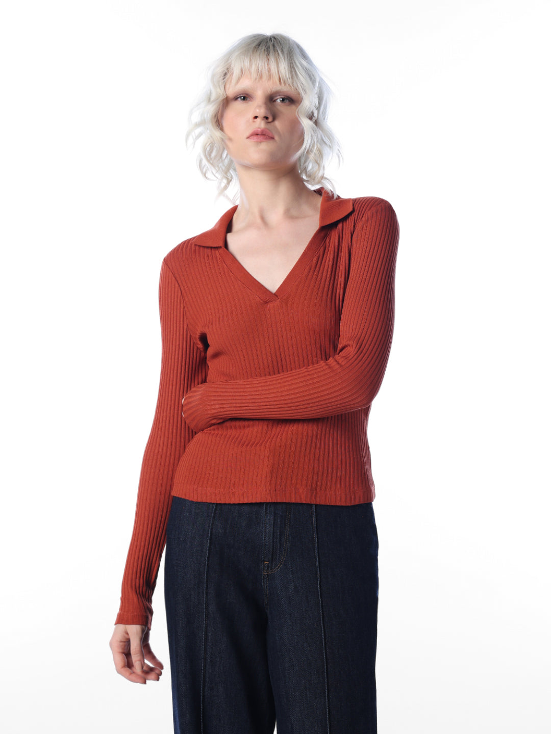 Ribbed Polo Knit Top