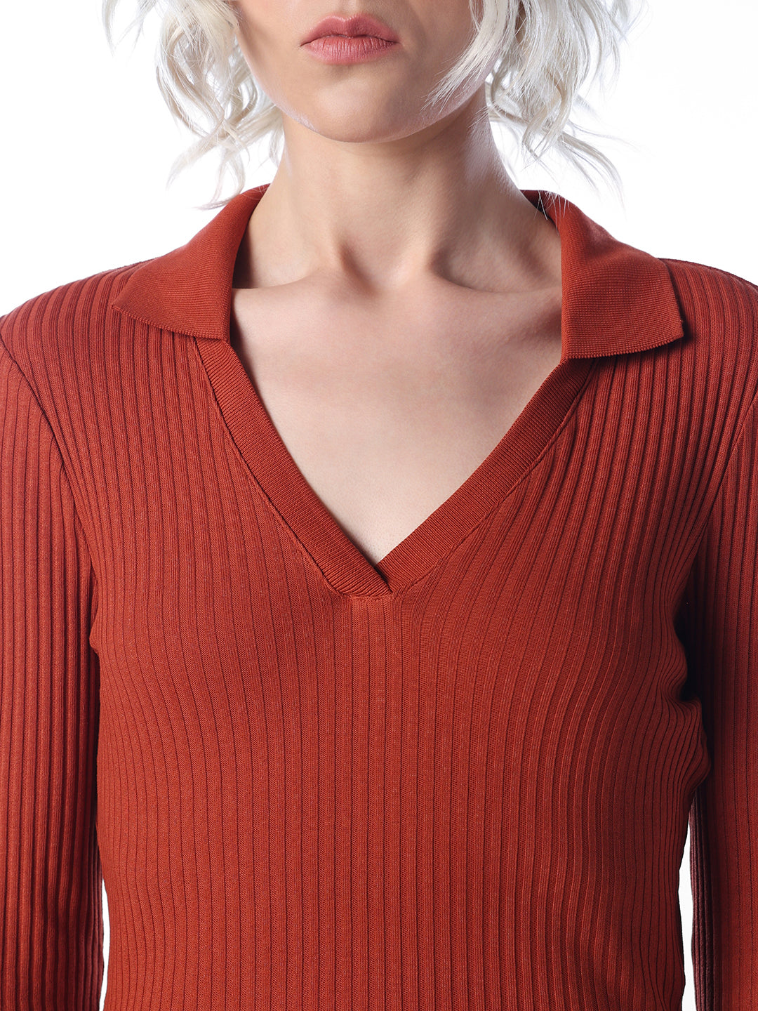Ribbed Polo Knit Top