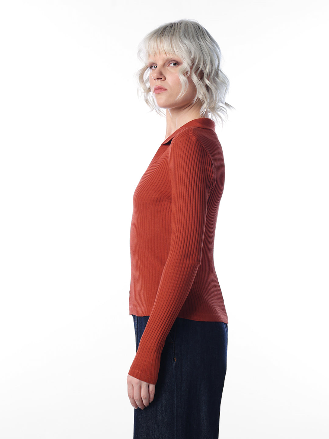 Ribbed Polo Knit Top