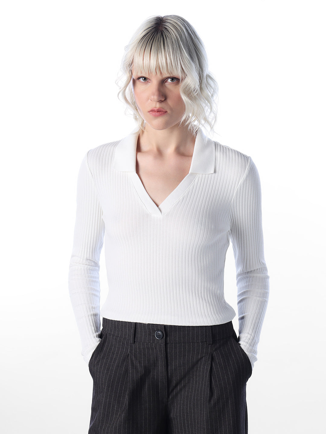 White Ribbed Polo Knit Top