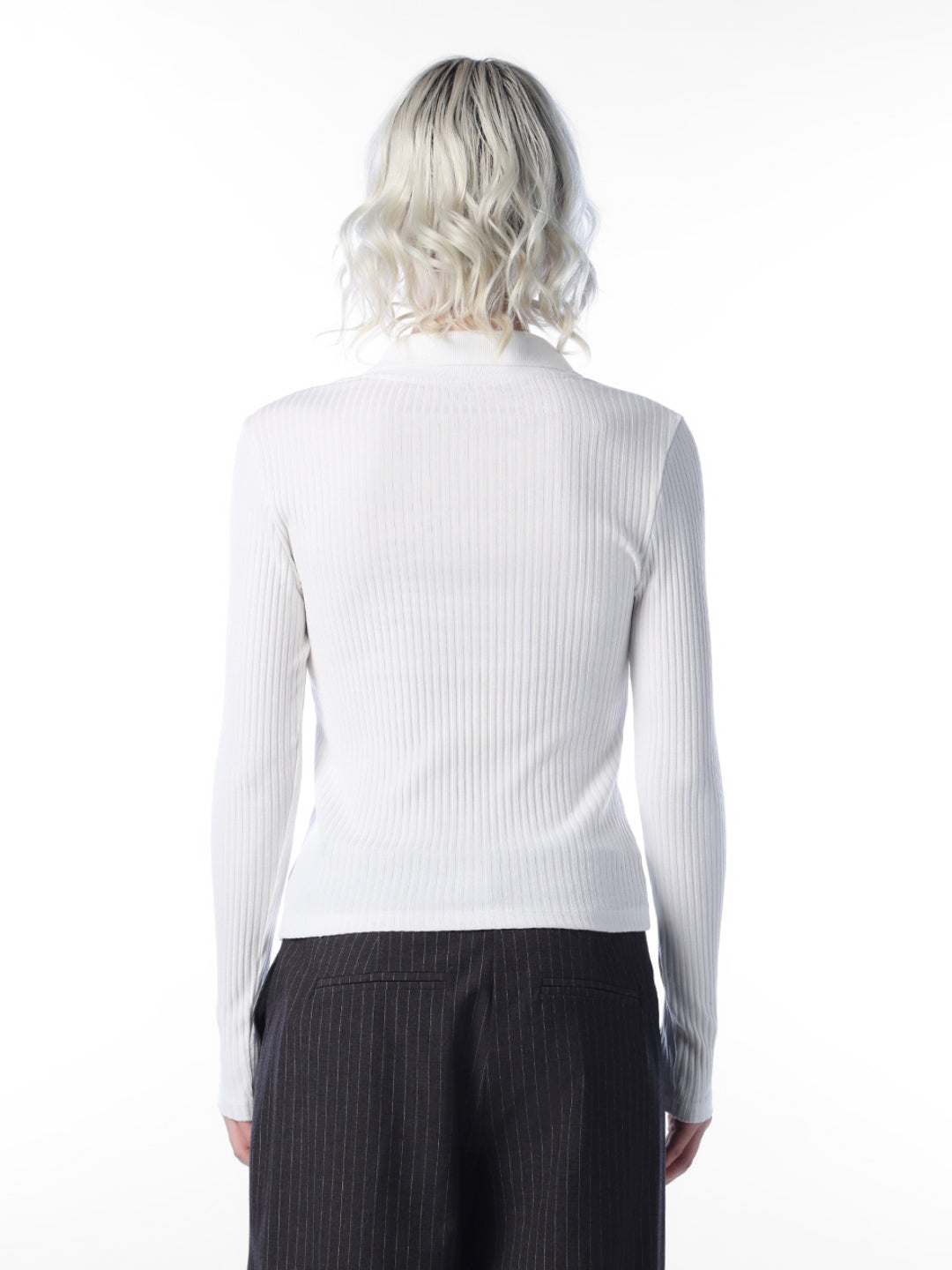 White Ribbed Polo Knit Top