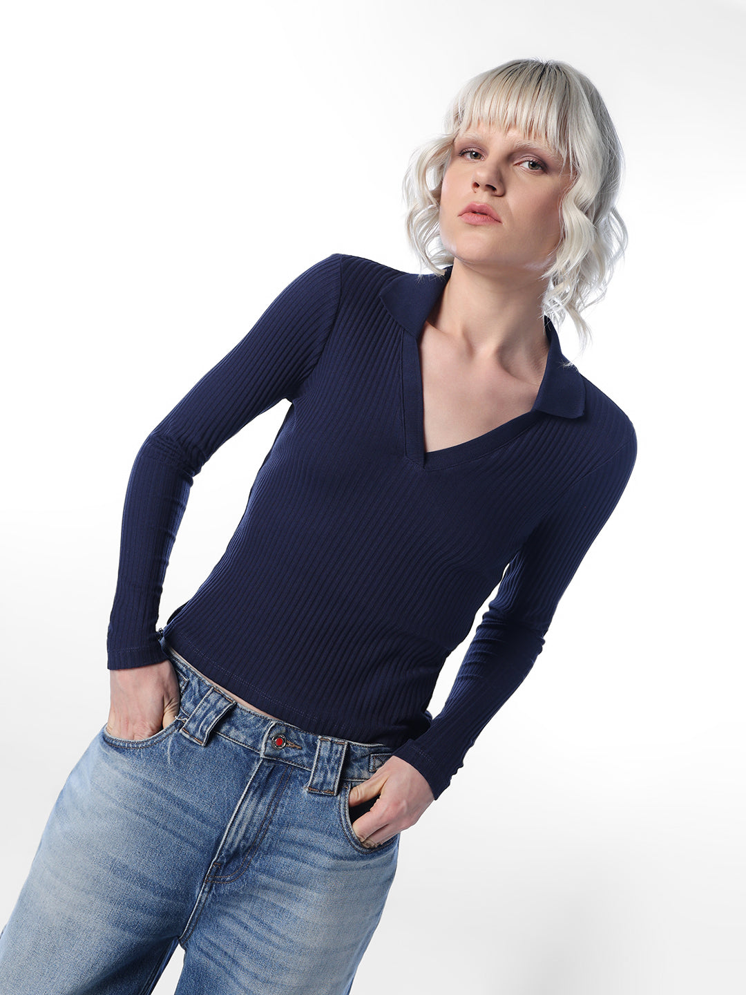 Navy Ribbed Polo Knit Top