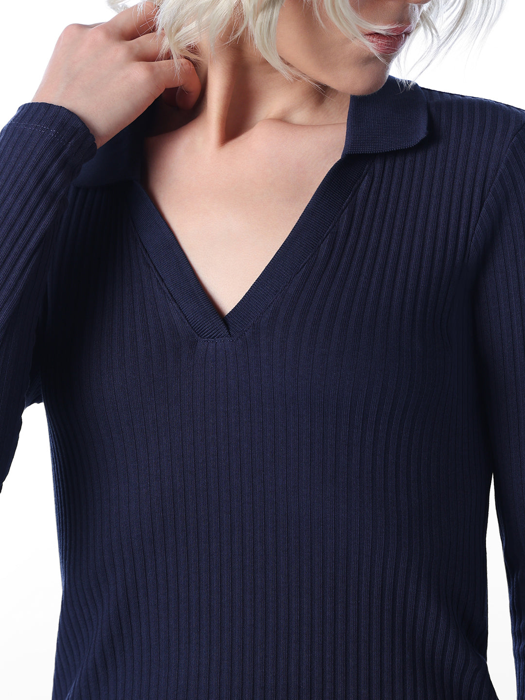 Navy Ribbed Polo Knit Top