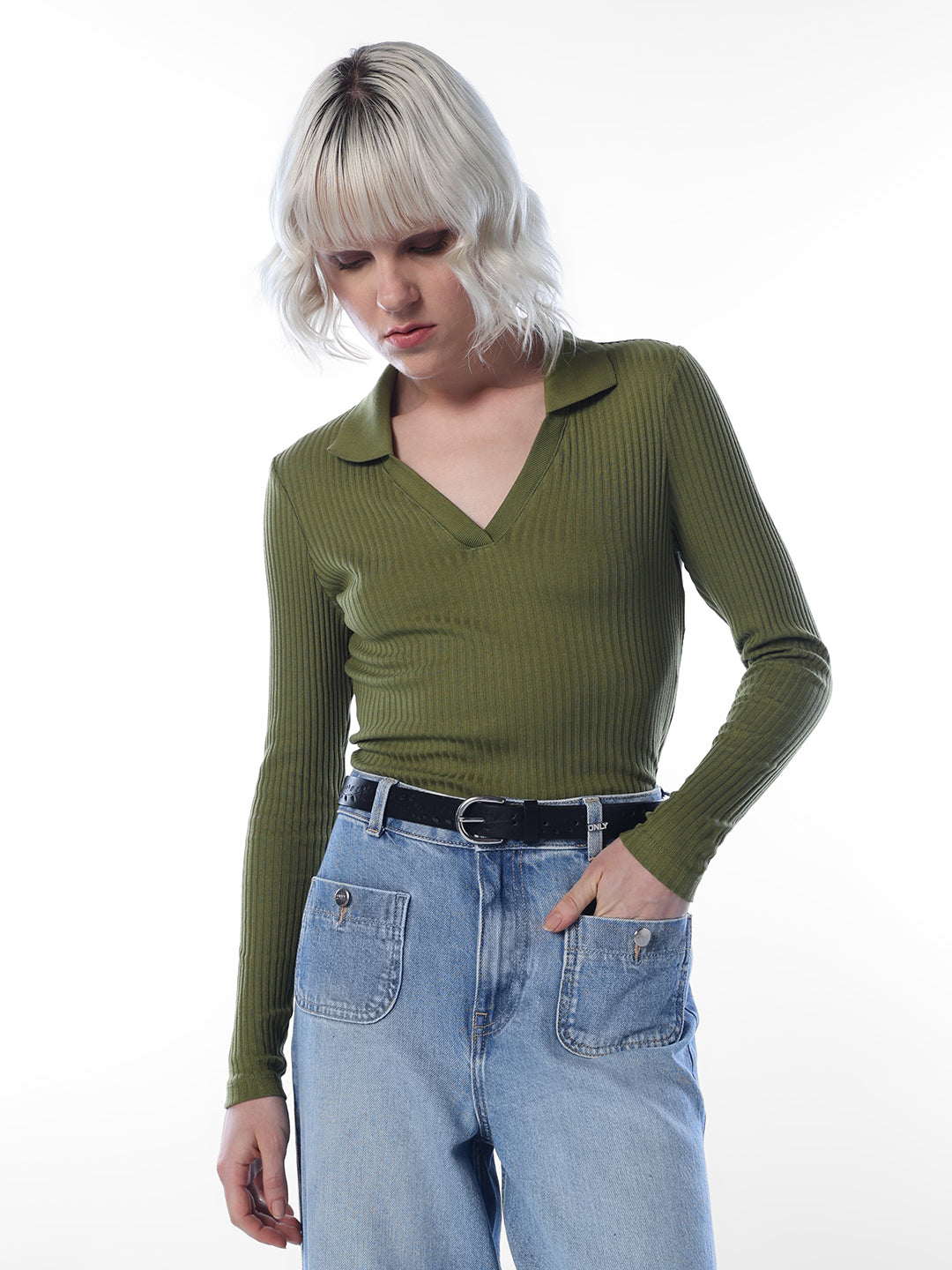 Green Ribbed Polo Knit Top