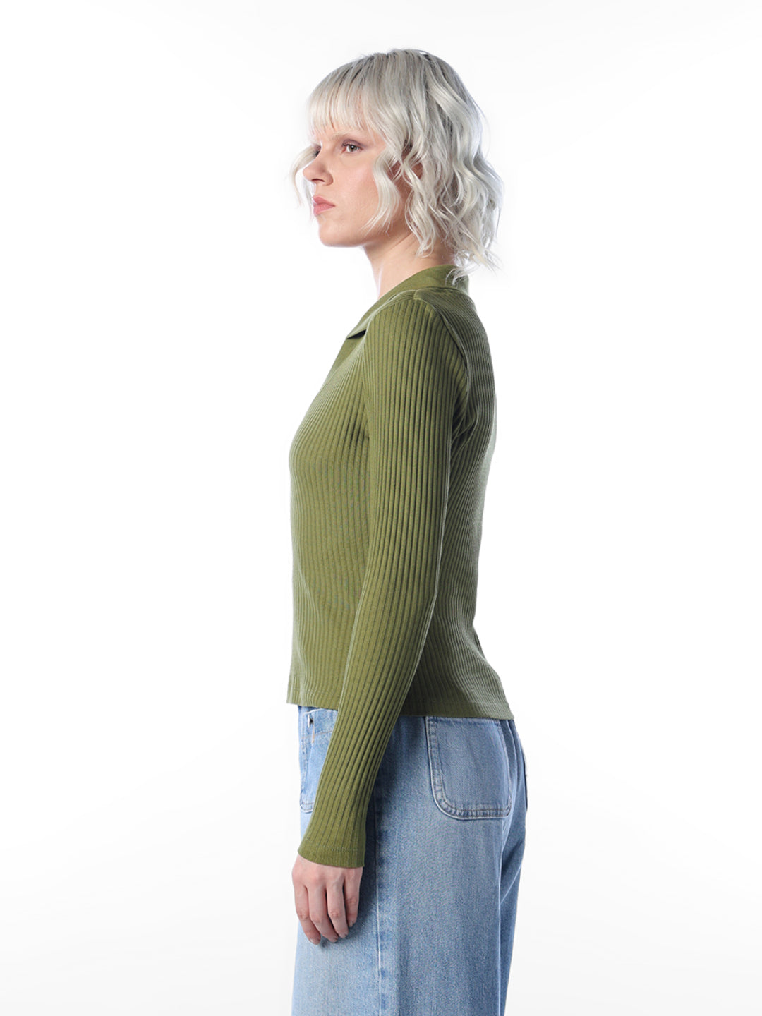 Green Ribbed Polo Knit Top