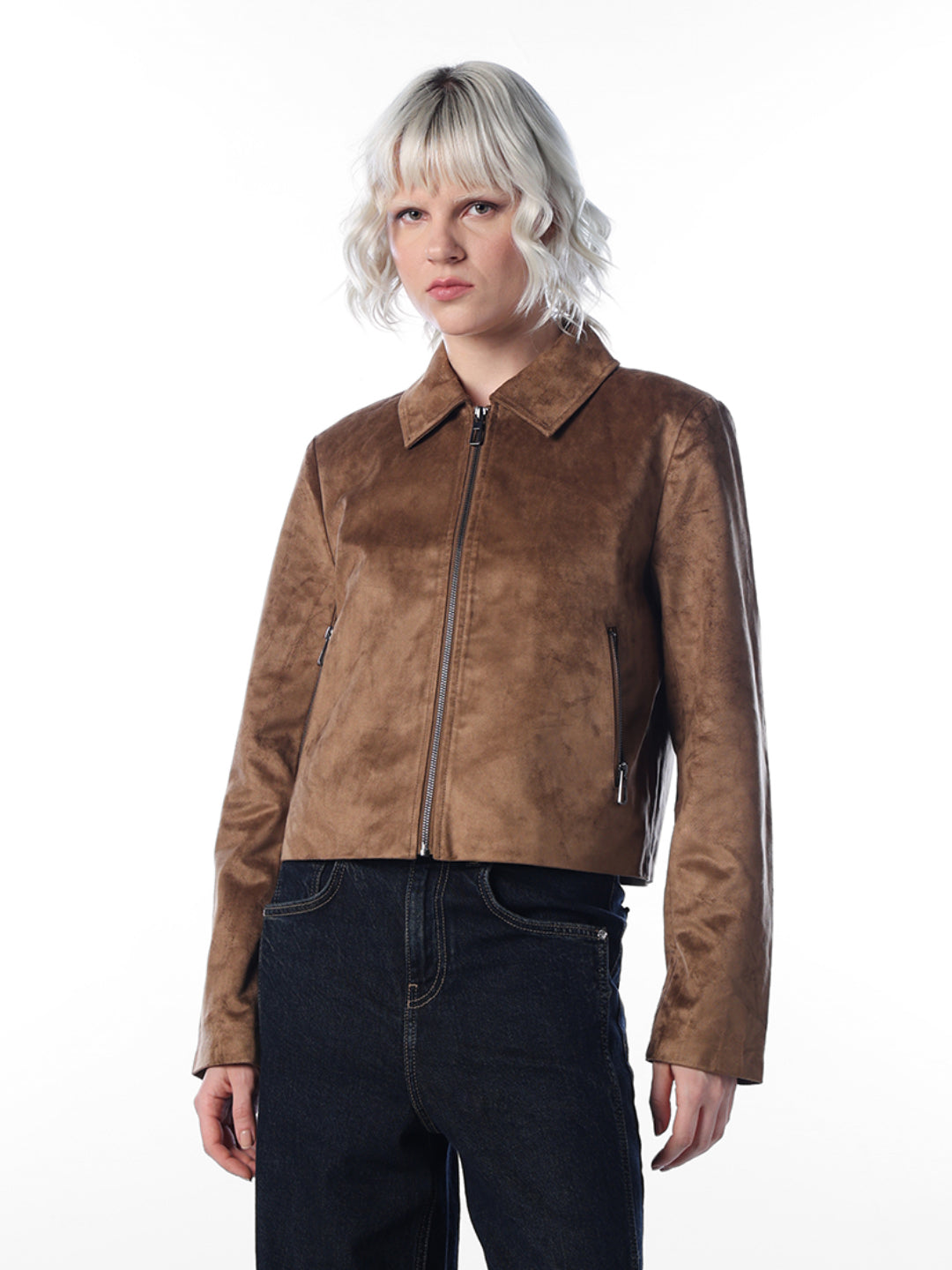 Brown FAUX SUEDE ZIP JACKET
