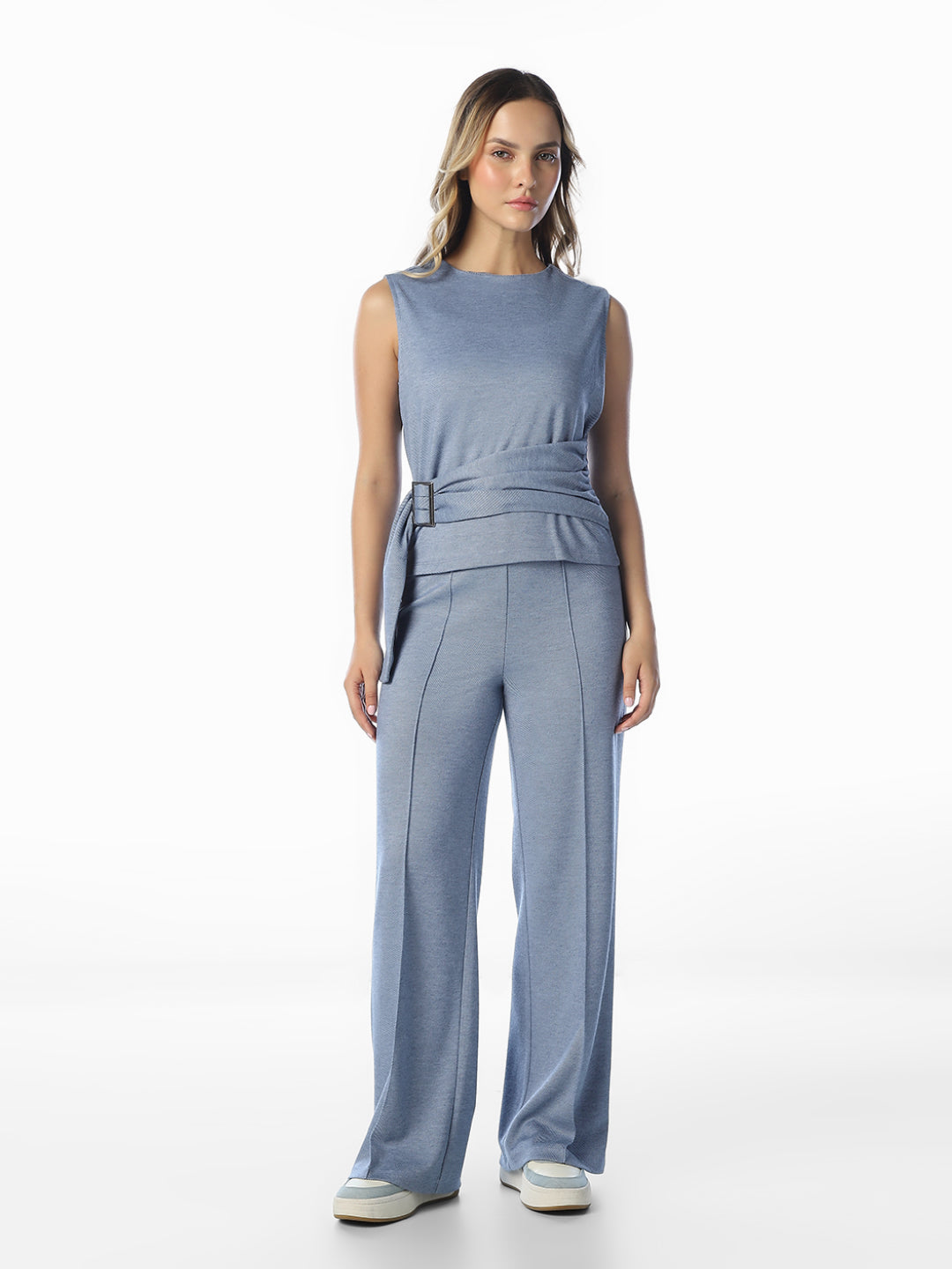 Blue Belted Sleeveless Top