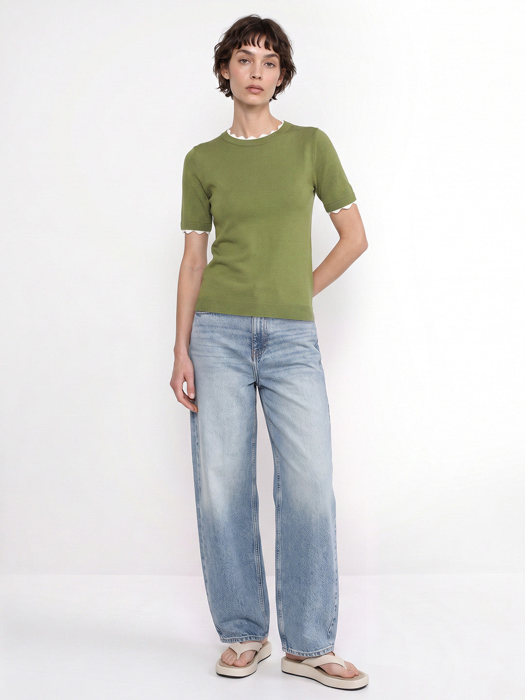 Green Scalloped Trim Knitted Top