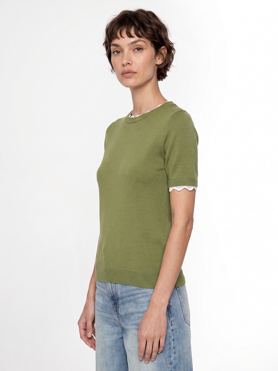 Green Scalloped Trim Knitted Top