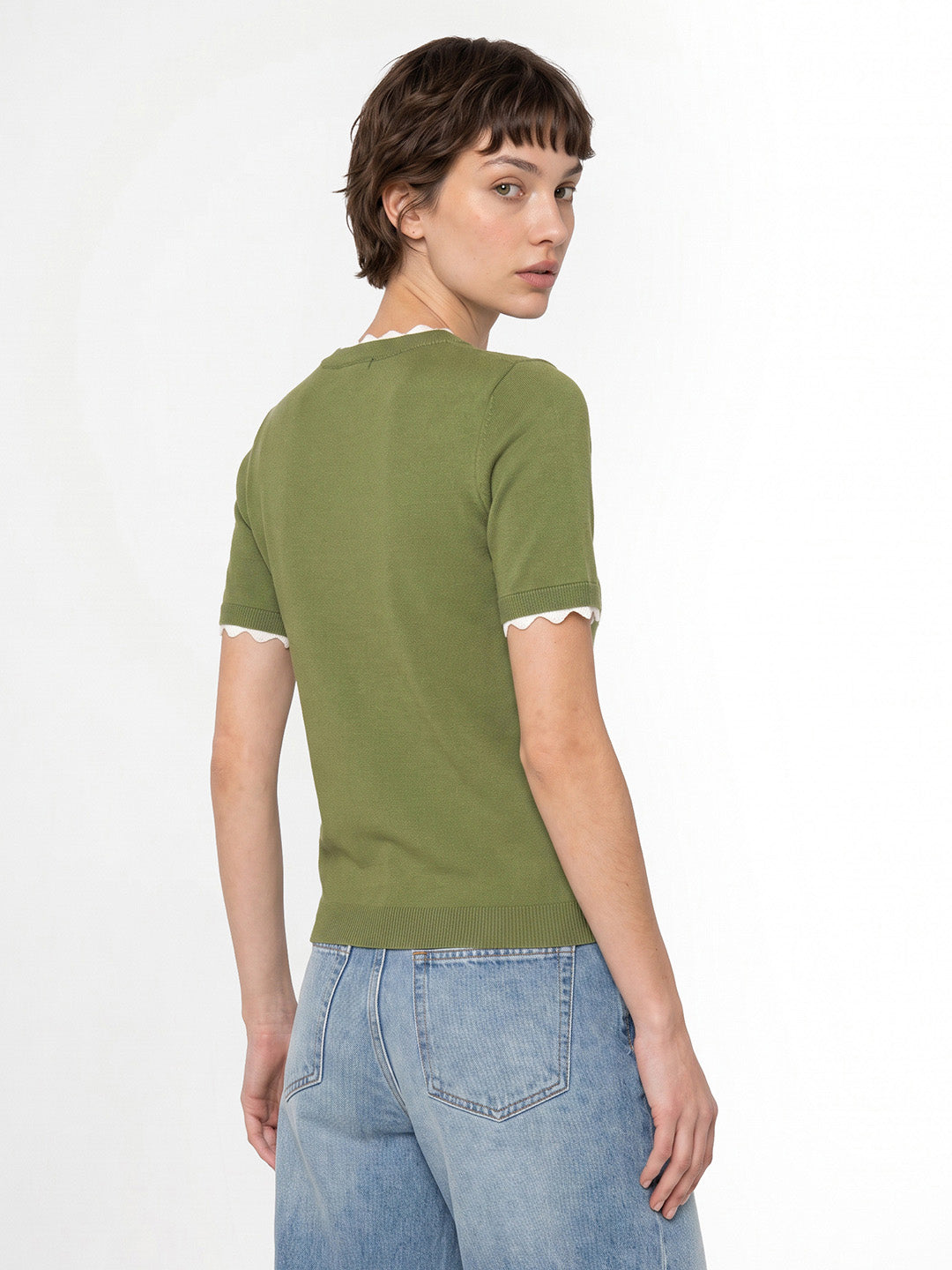 Green Scalloped Trim Knitted Top