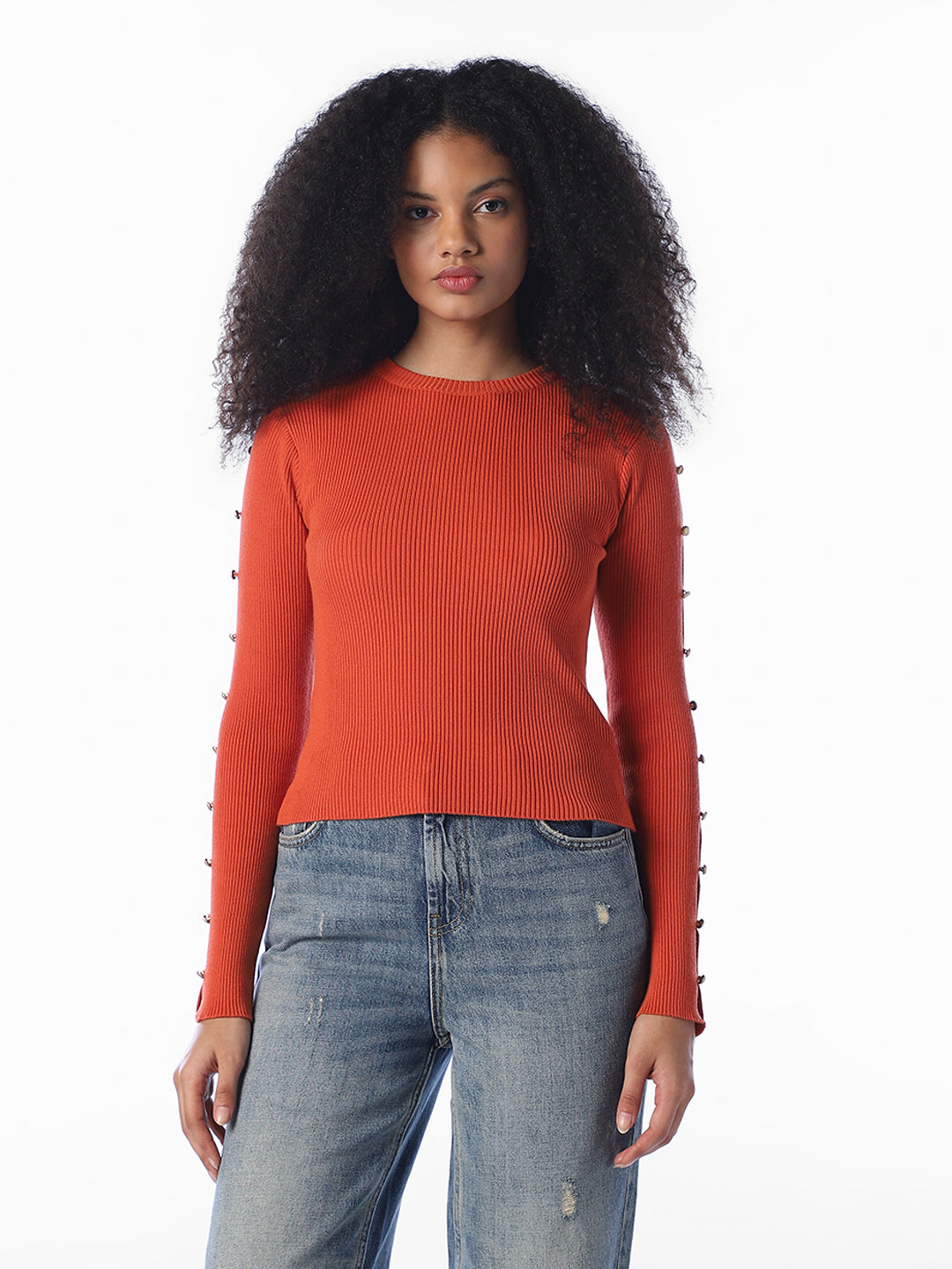 Orange Embellished Knit Top