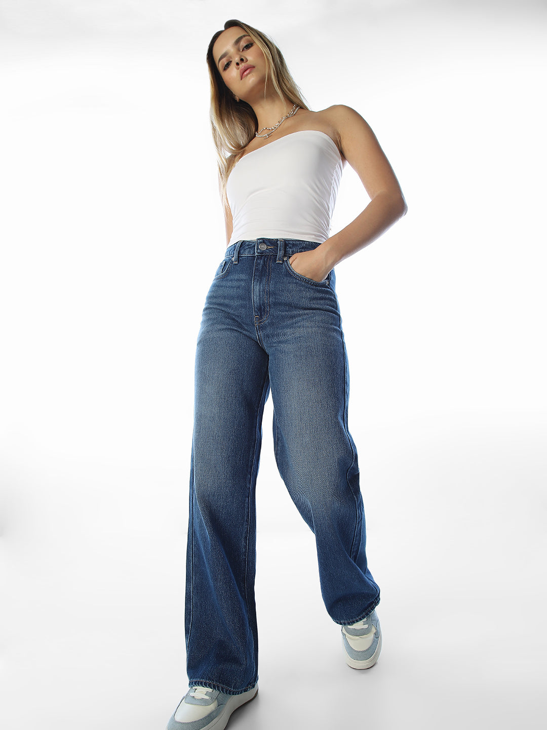 Dark Blue Washed Wide Leg Jeans