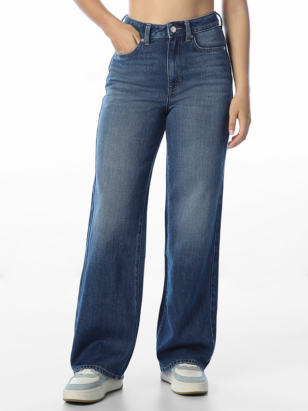 Dark Blue Washed Wide Leg Jeans