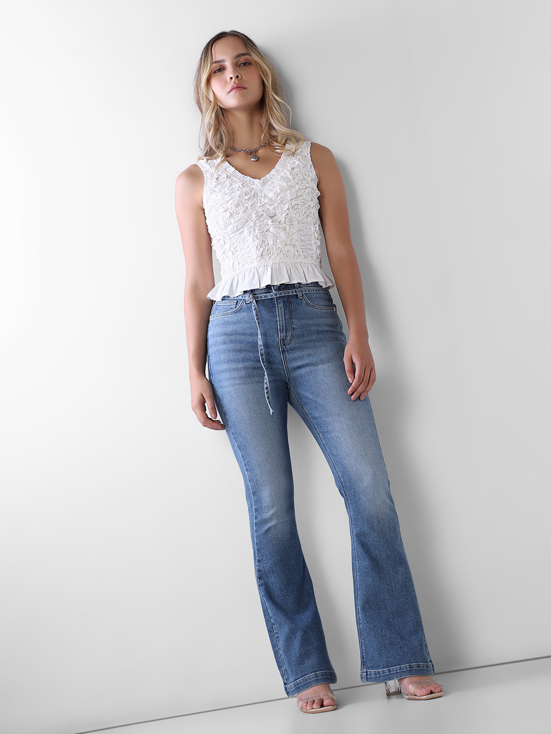 Blue Floral High Rise Flared Jeans