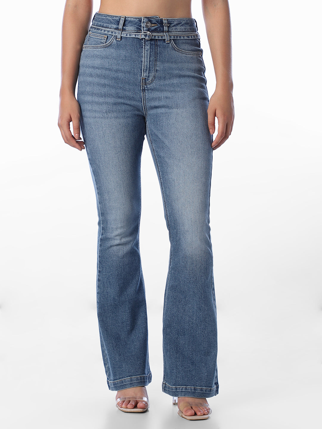 Blue Floral High Rise Flared Jeans