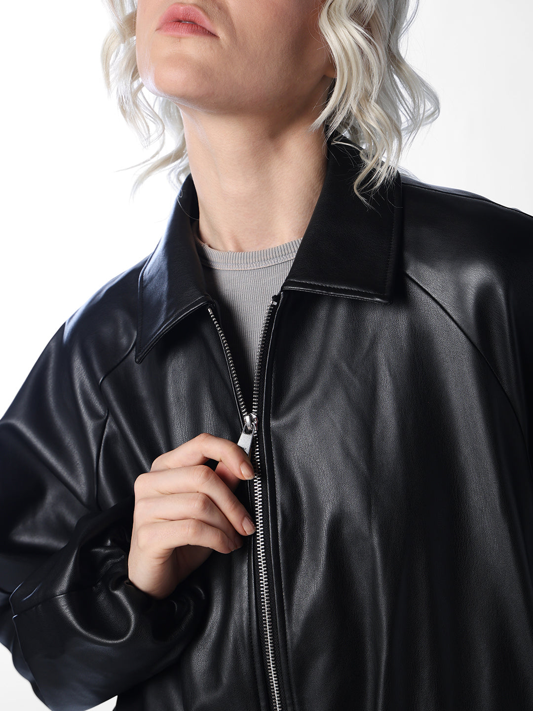 Black Faux Leather Bomber Jacket