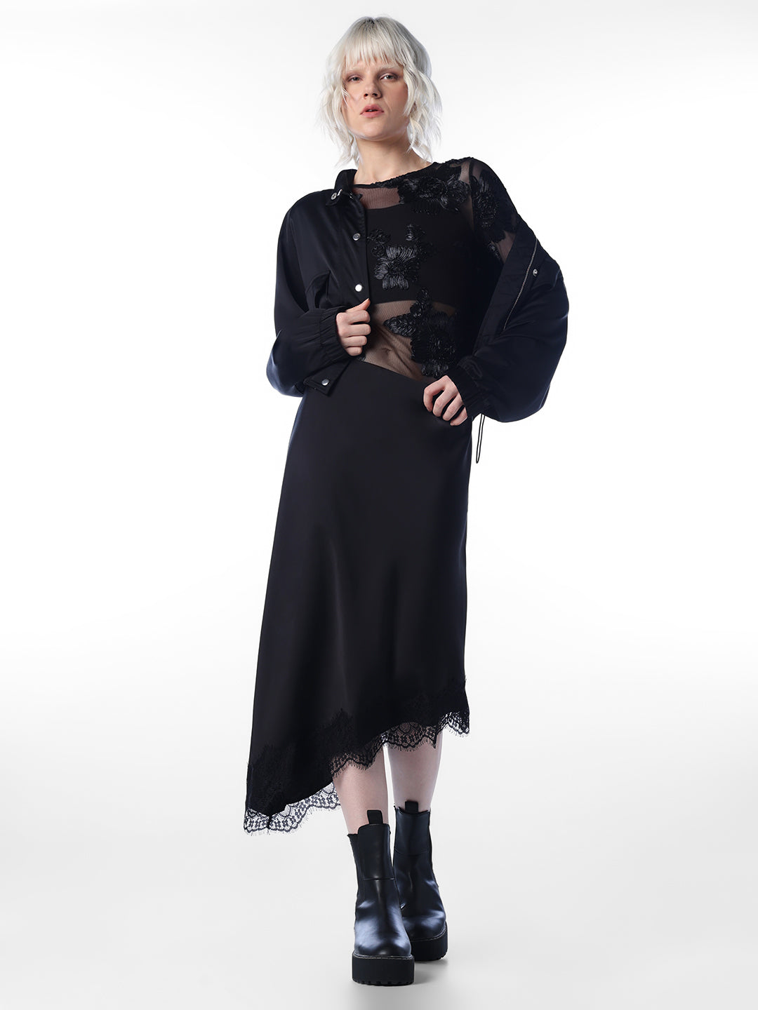 Lace Trim Satin Midi Skirt