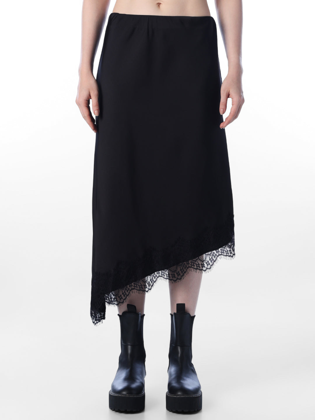 Lace Trim Satin Midi Skirt