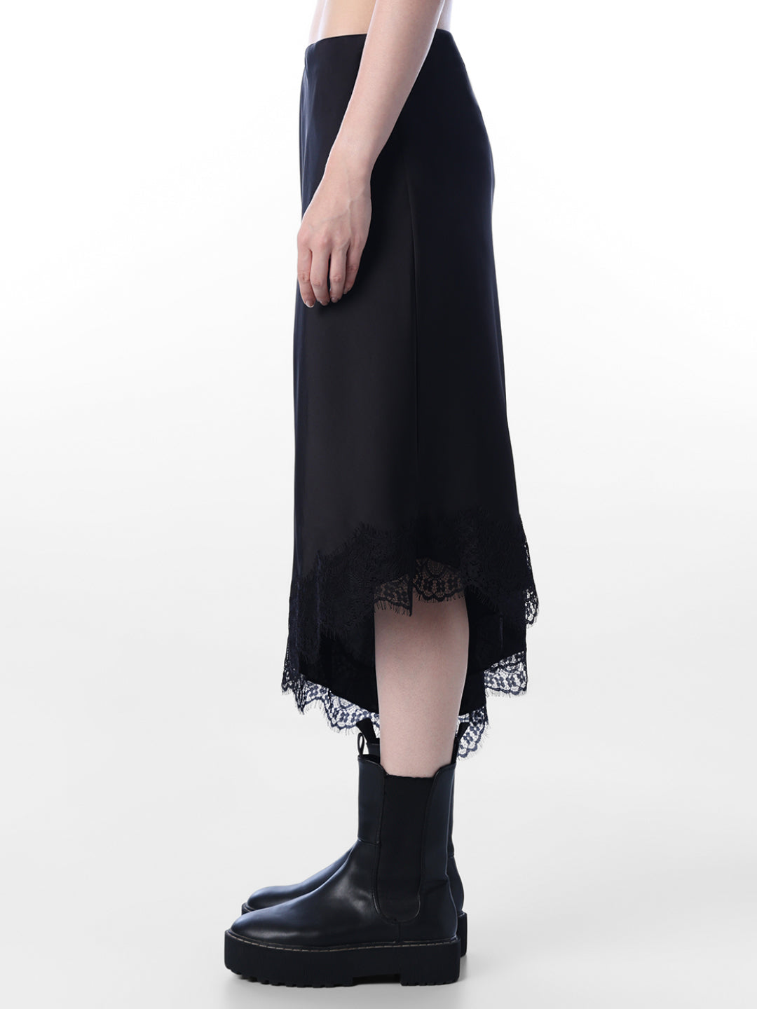 Lace Trim Satin Midi Skirt