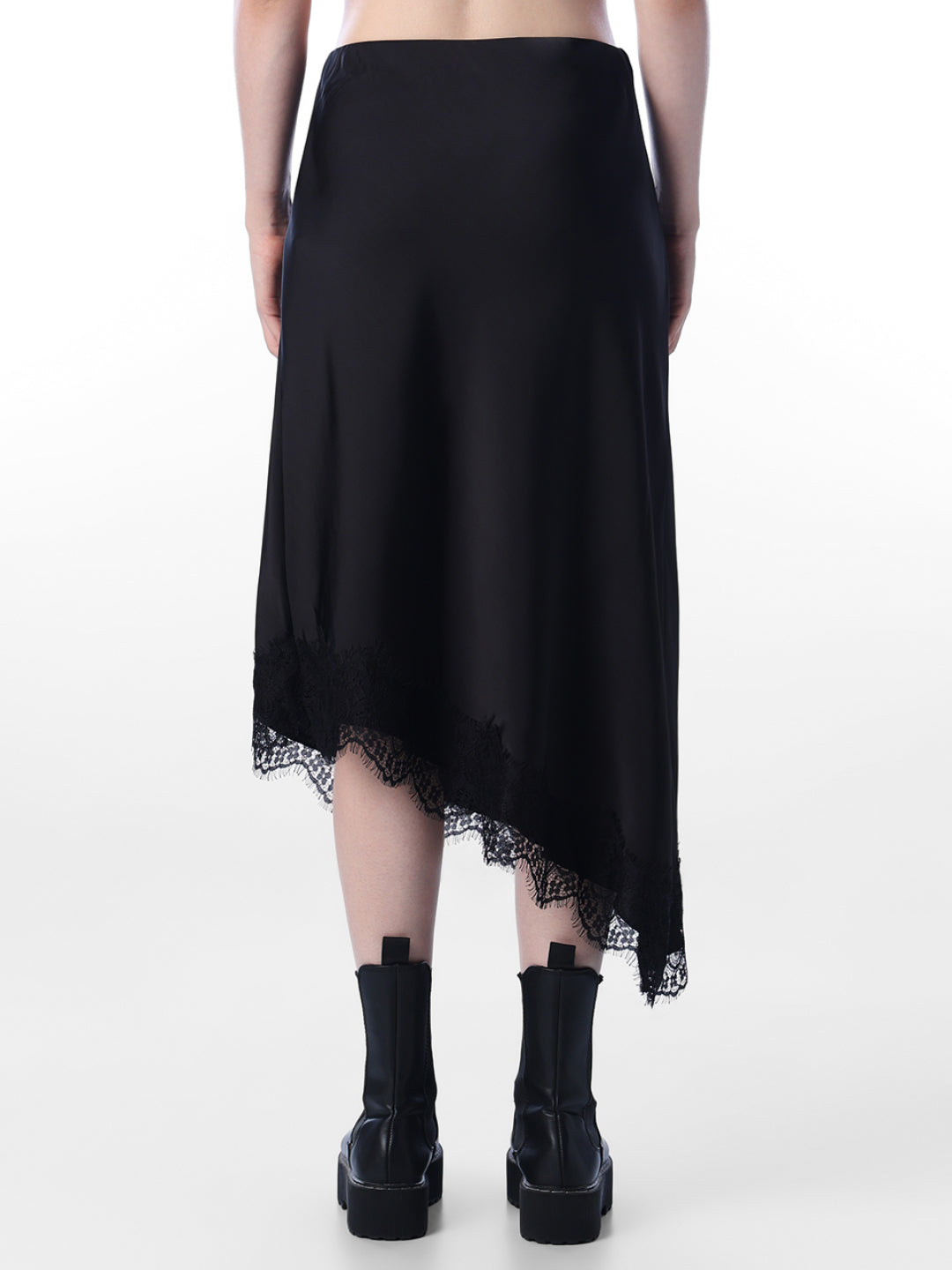 Lace Trim Satin Midi Skirt