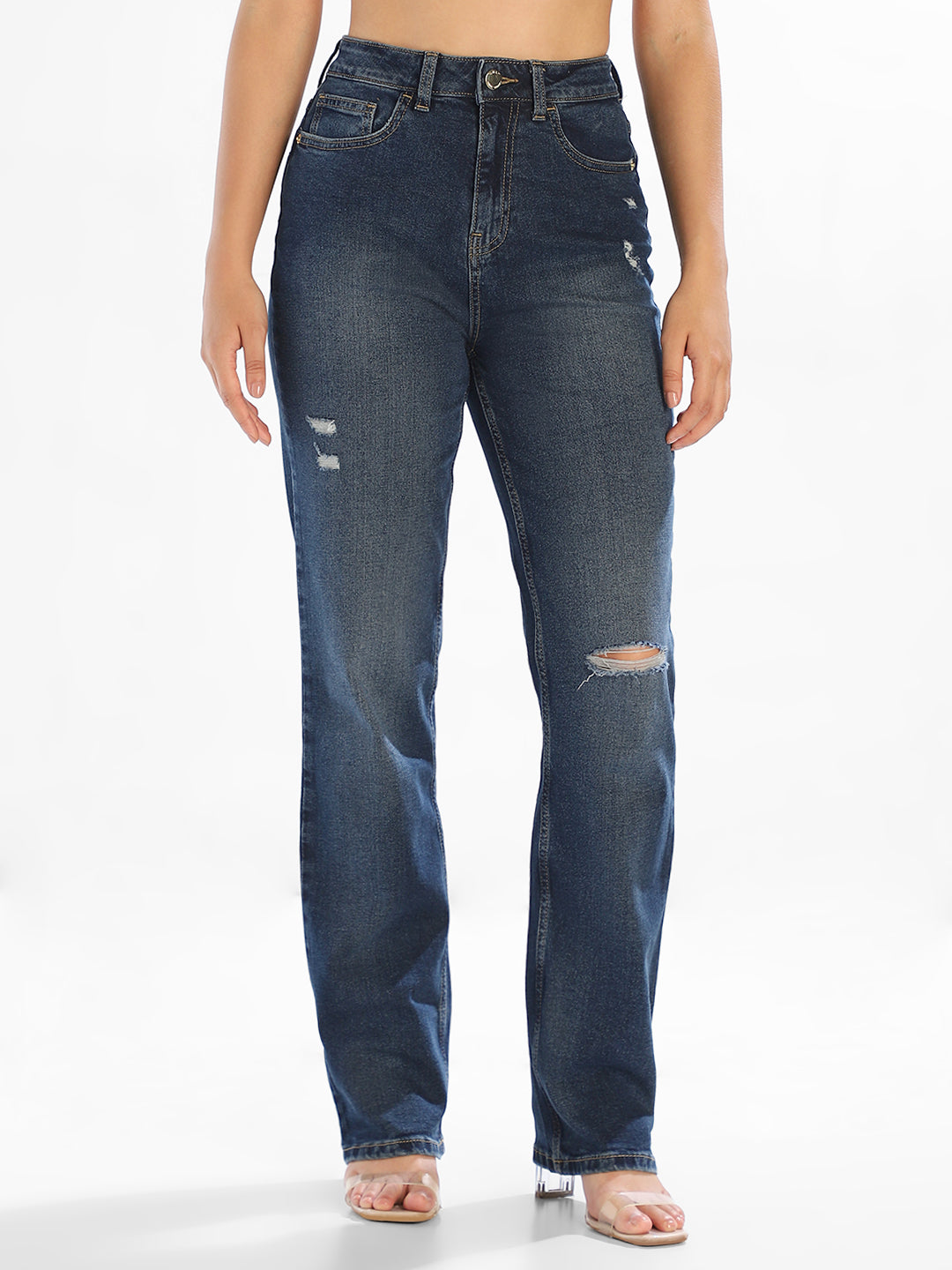 Dark Blue Distressed Straight Fit Jeans