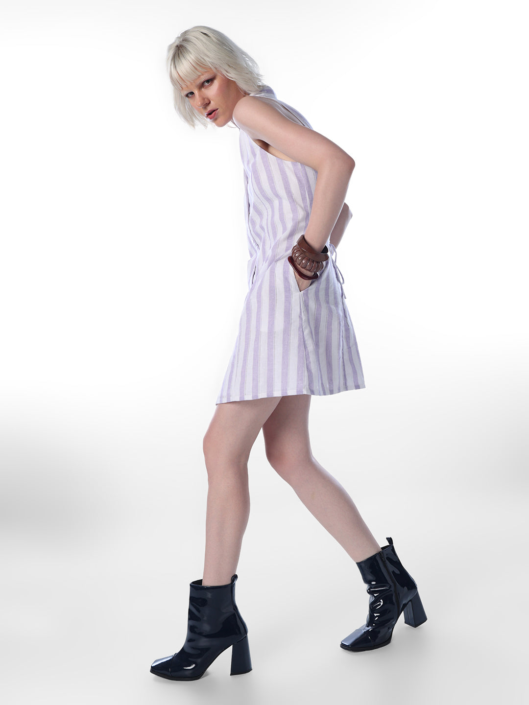 Purple Linen Blend Striped Dress