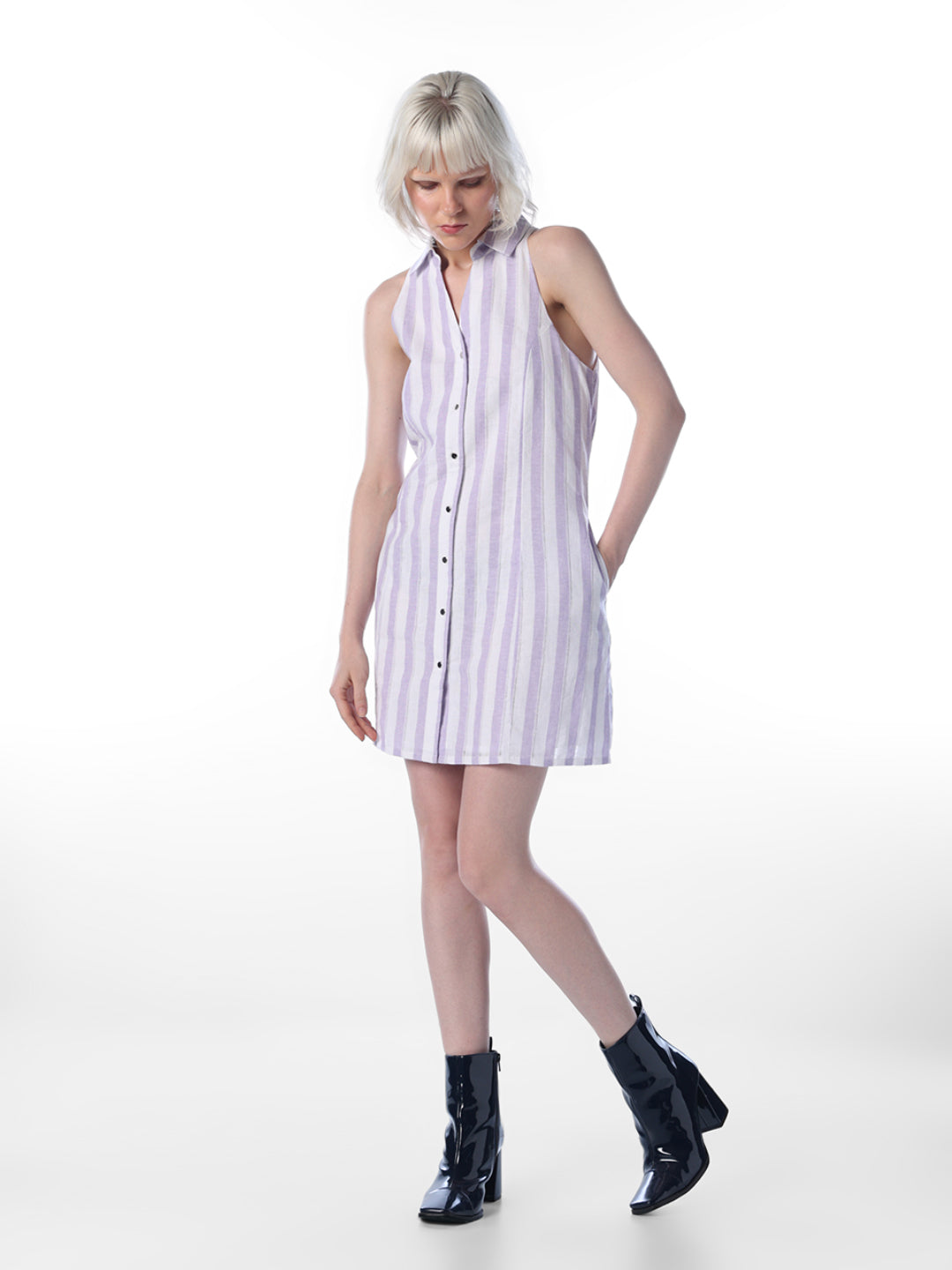 Purple Linen Blend Striped Dress