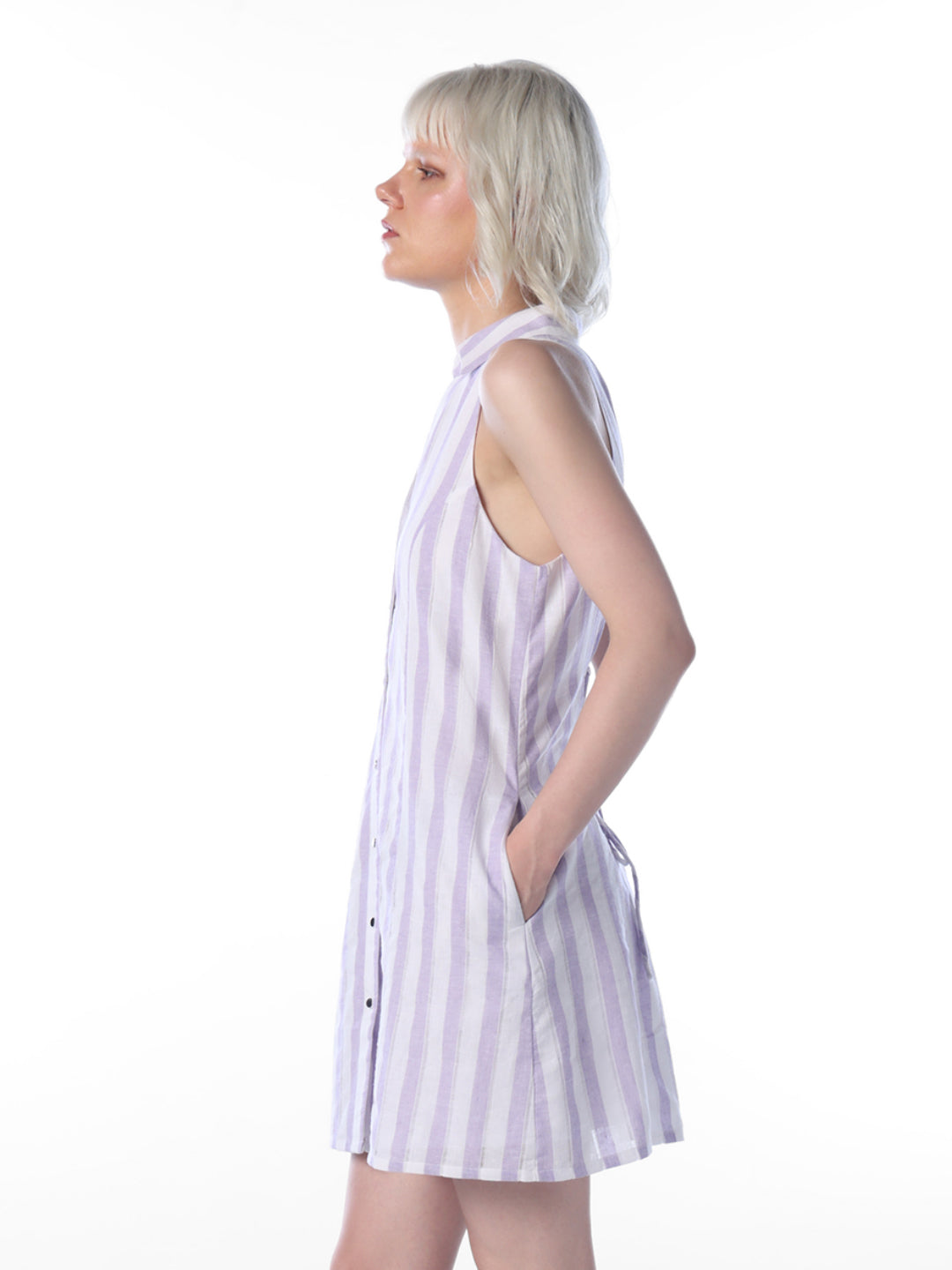 Purple Linen Blend Striped Dress