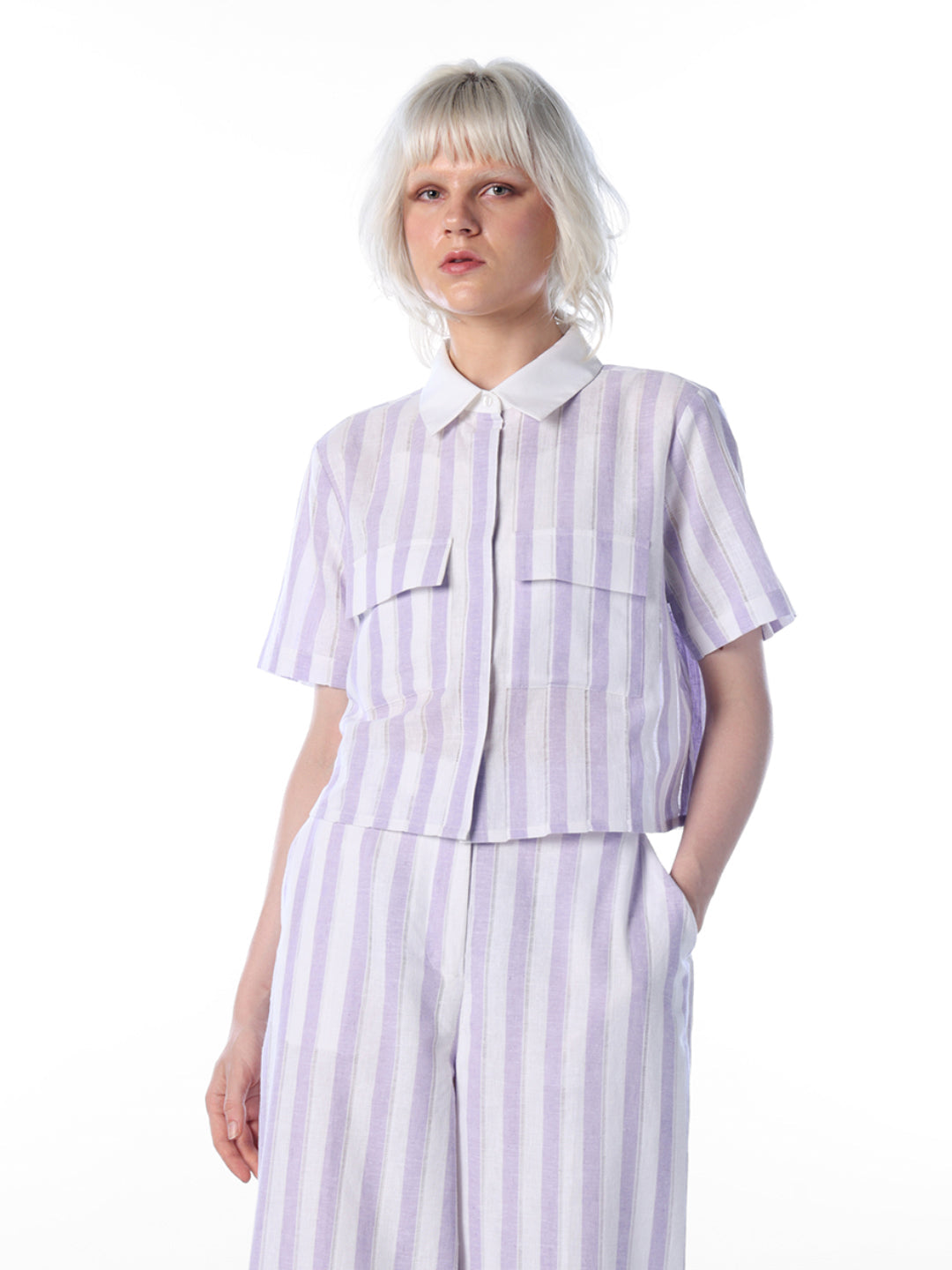 Purple Striped Linen Blend Shirt