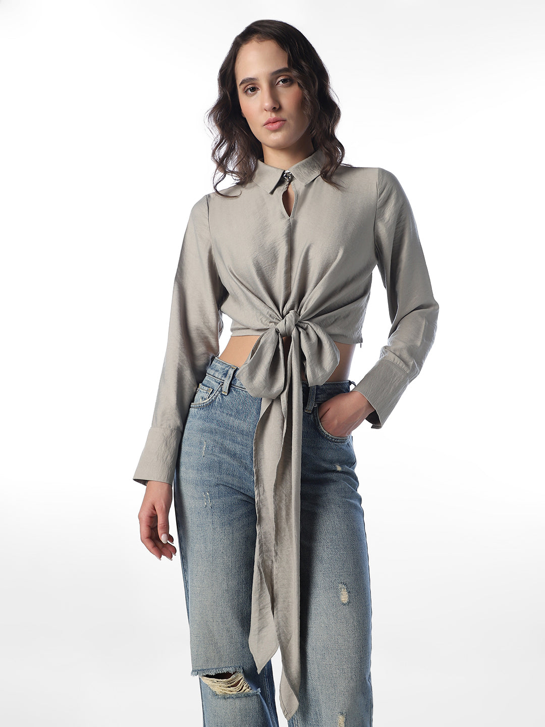 Front Tie Cropped Shirt