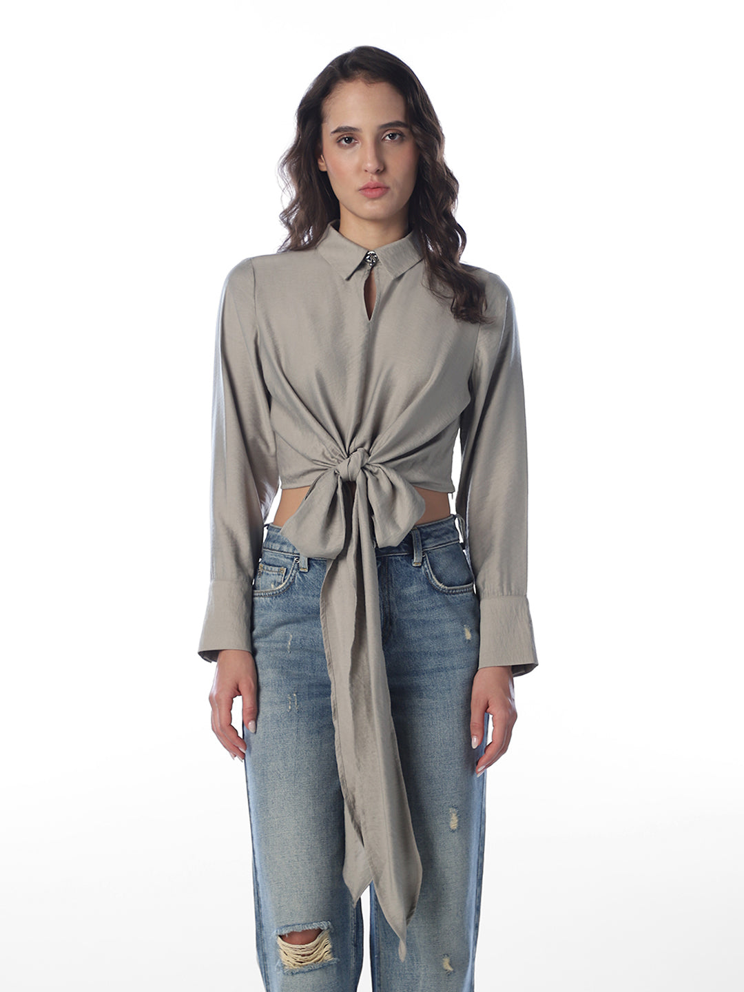 Front Tie Cropped Shirt