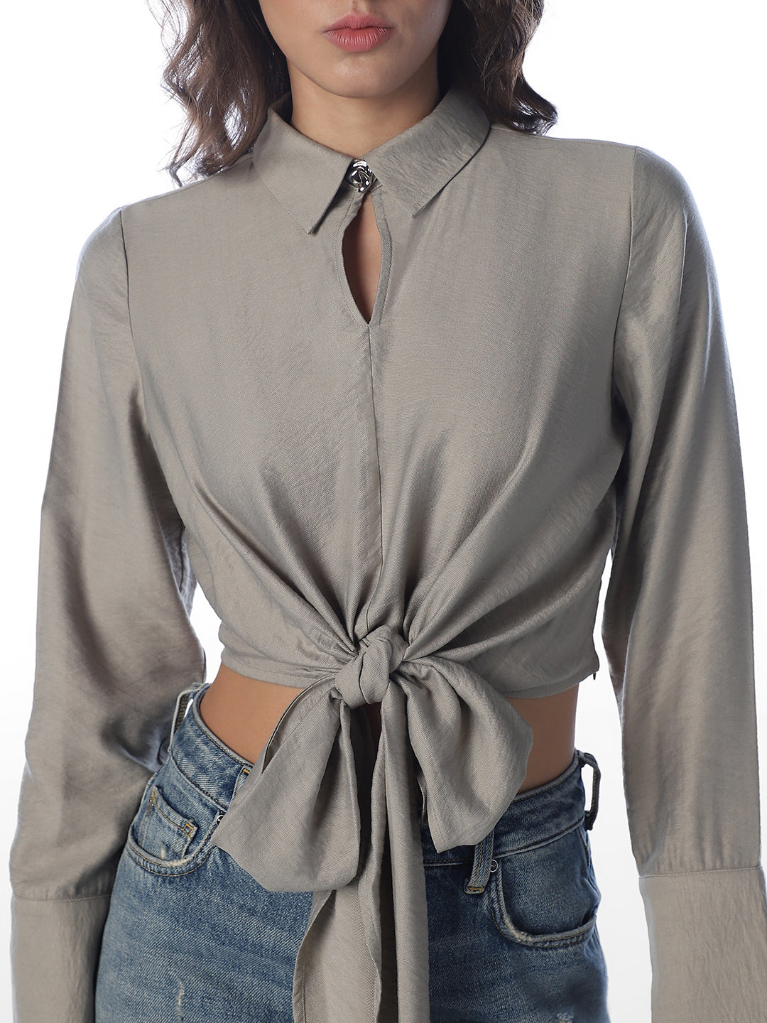 Front Tie Cropped Shirt
