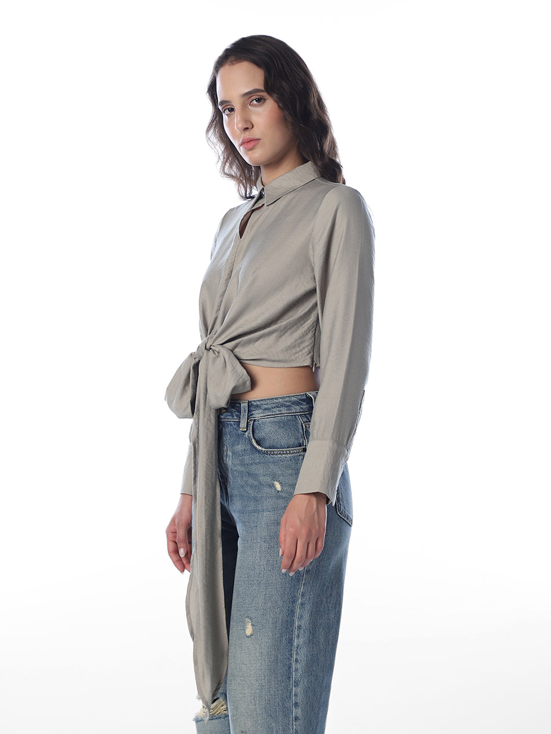 Front Tie Cropped Shirt