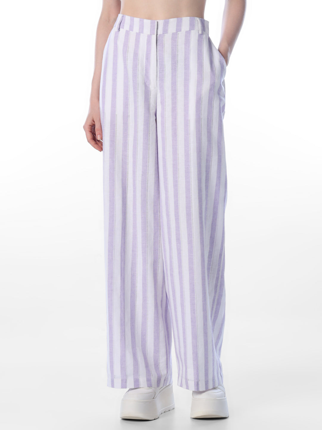 Purple Striped Linen Blend Pants