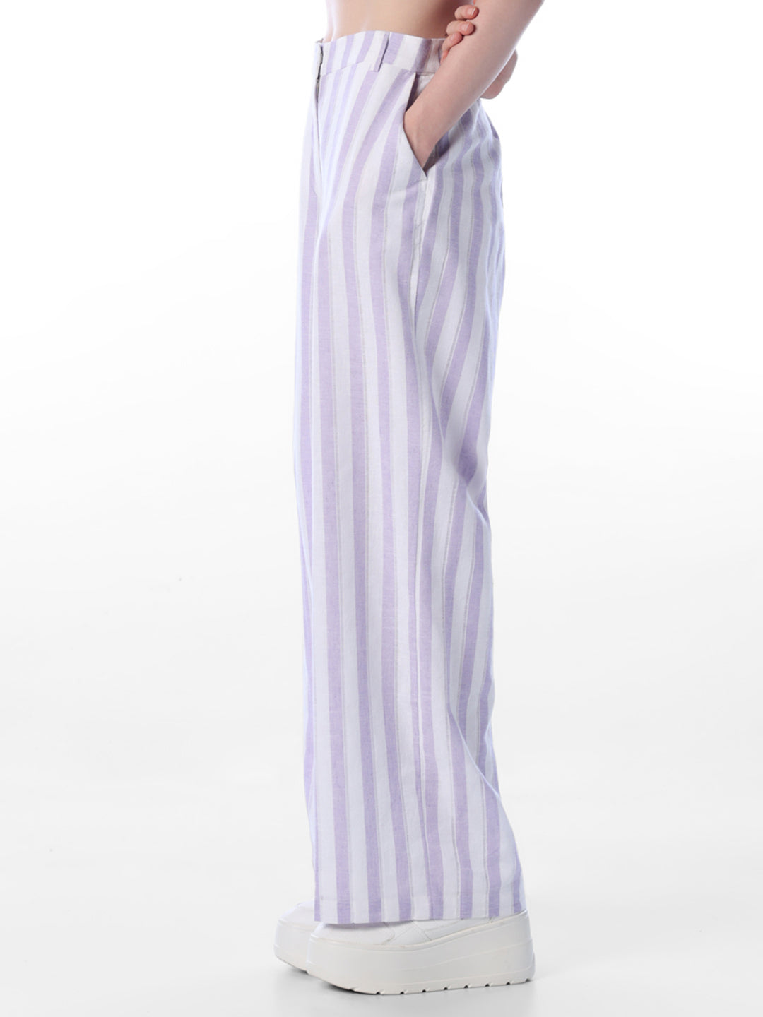 Purple Striped Linen Blend Pants