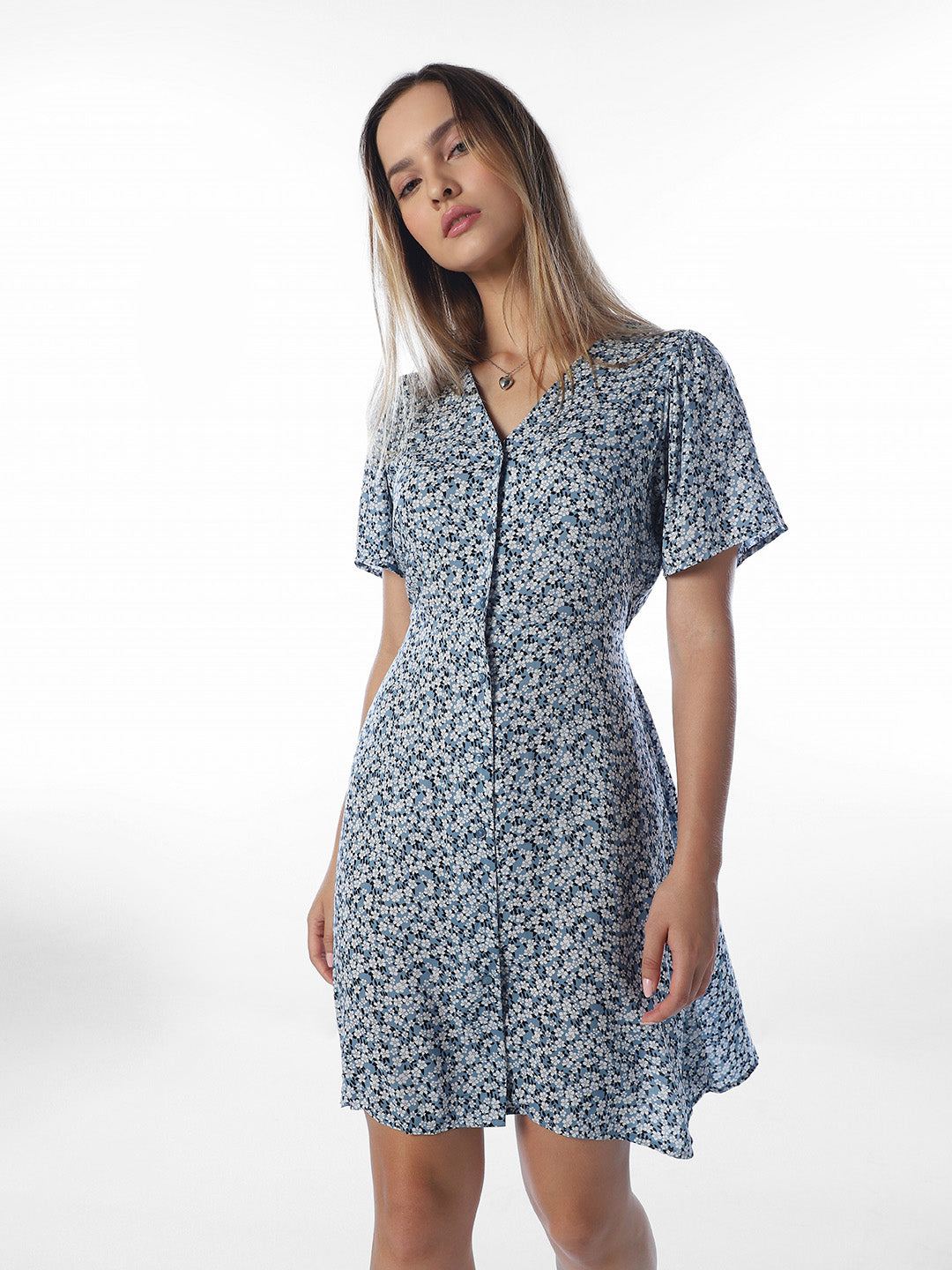 Blue Floral V-Neck Dress