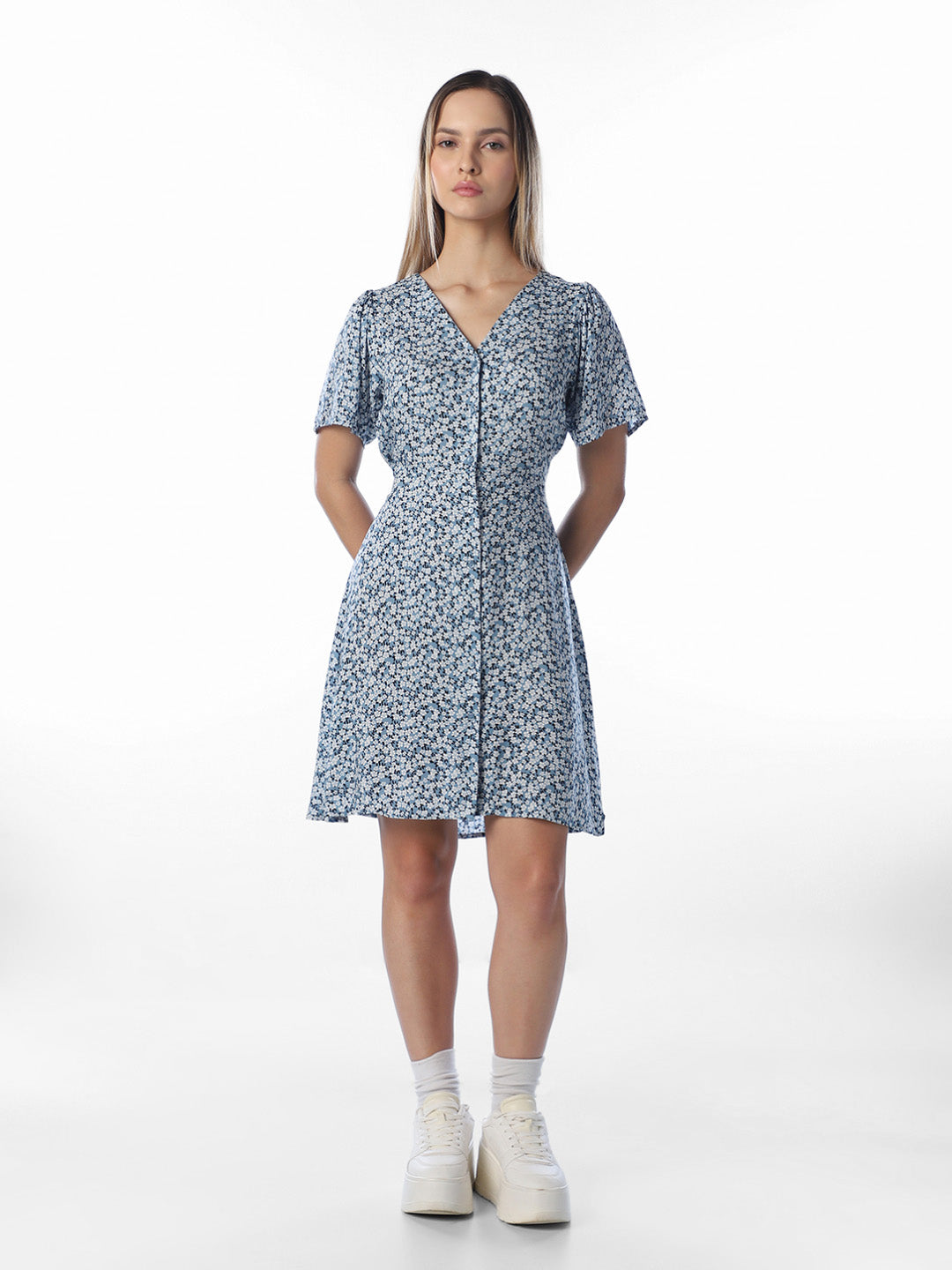 Blue Floral V-Neck Dress