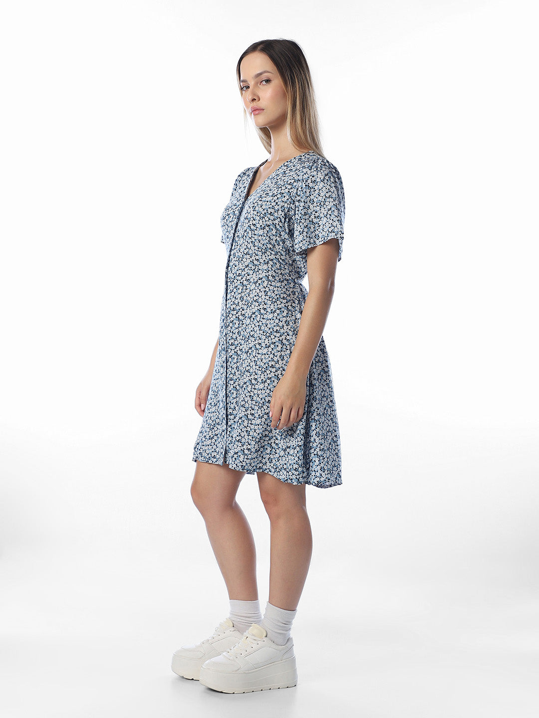 Blue Floral V-Neck Dress
