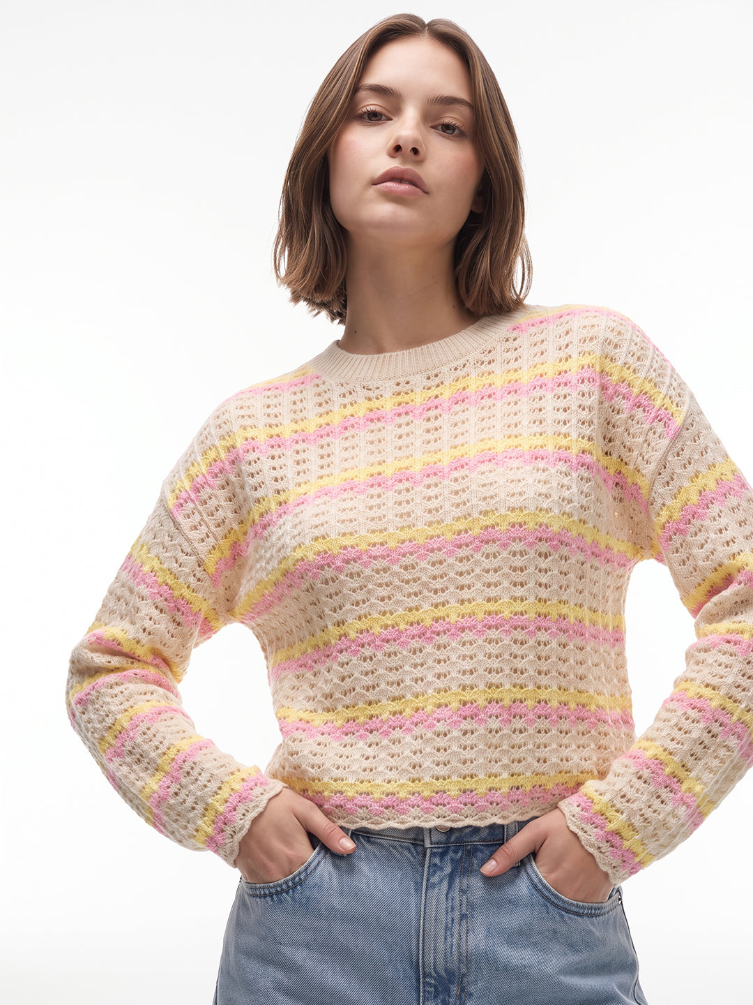 Beige Printed Crochet Knit Pullover
