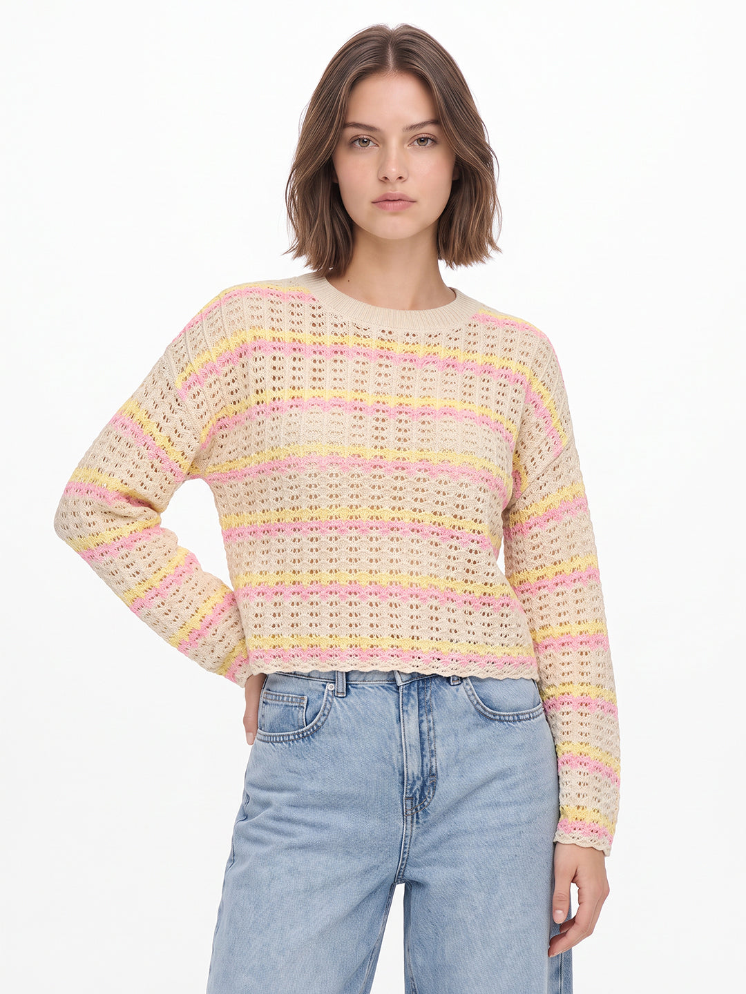 Beige Printed Crochet Knit Pullover