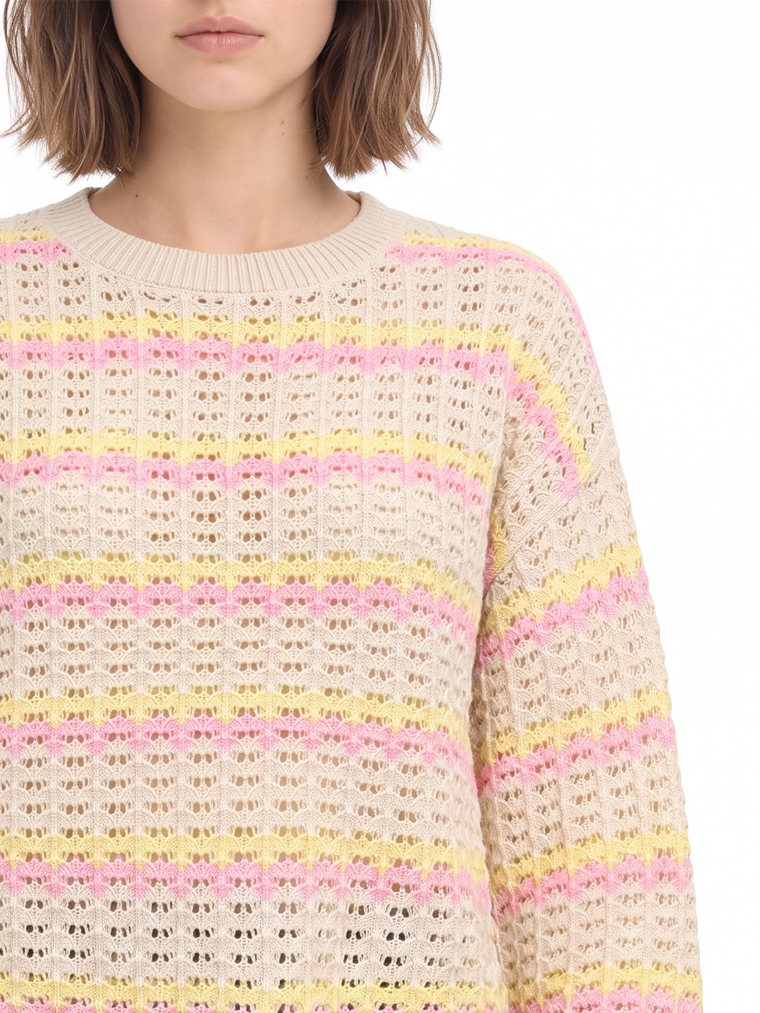 Beige Printed Crochet Knit Pullover