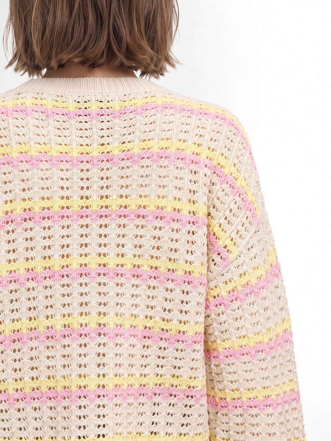 Beige Printed Crochet Knit Pullover
