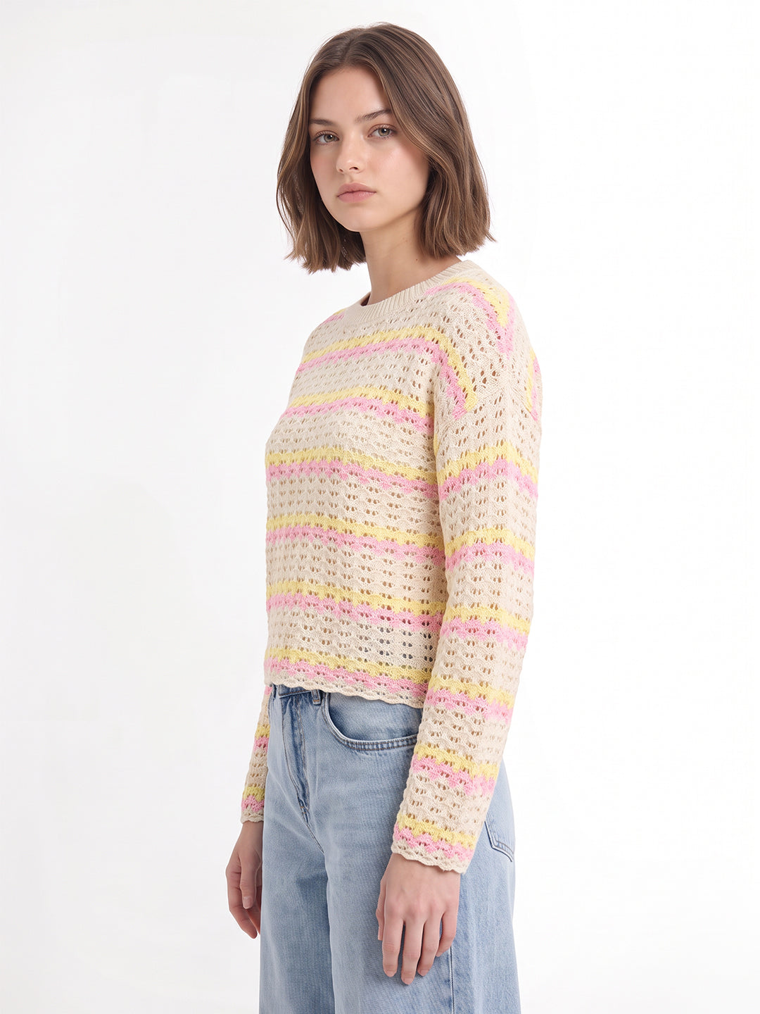 Beige Printed Crochet Knit Pullover