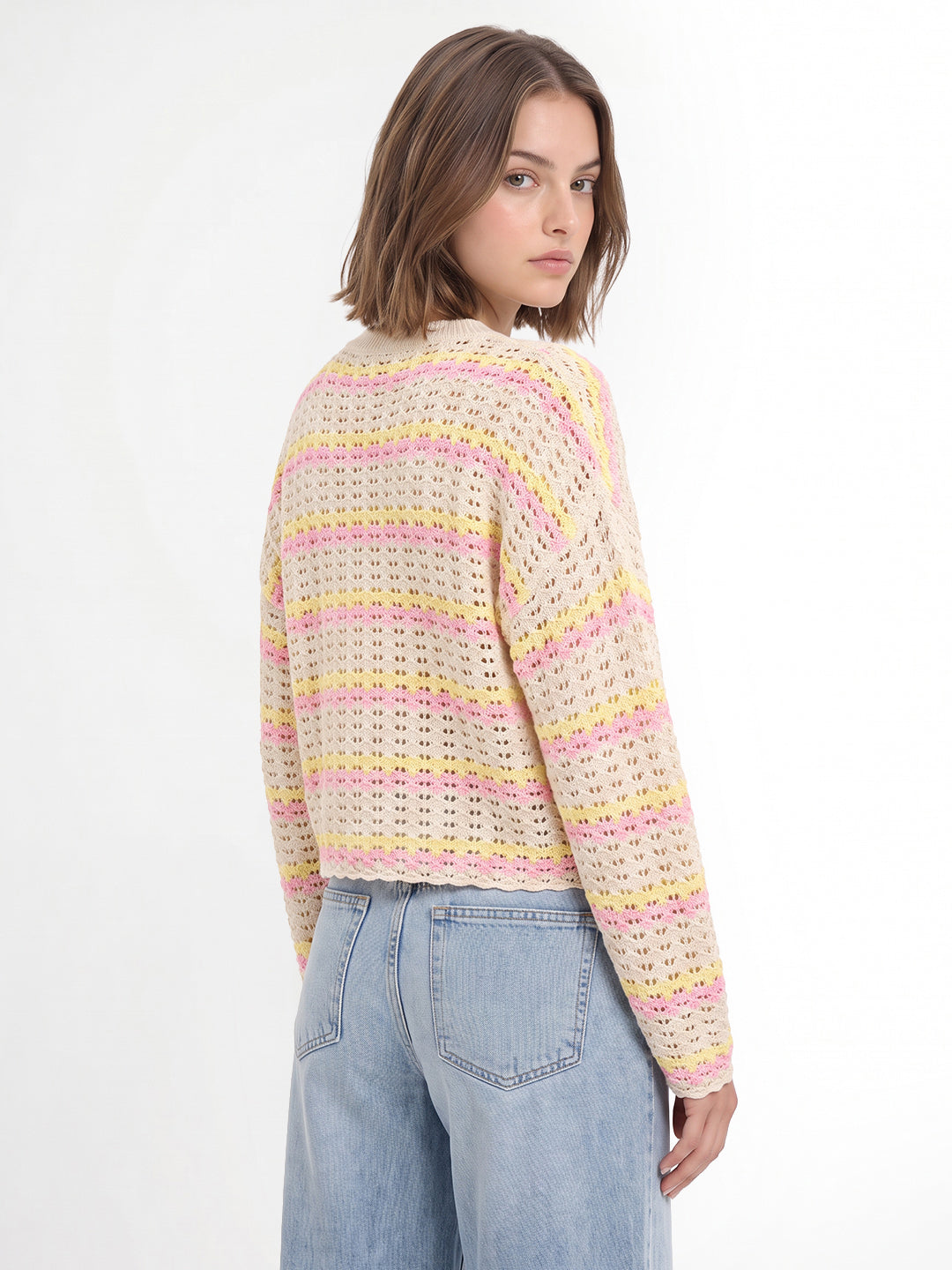 Beige Printed Crochet Knit Pullover