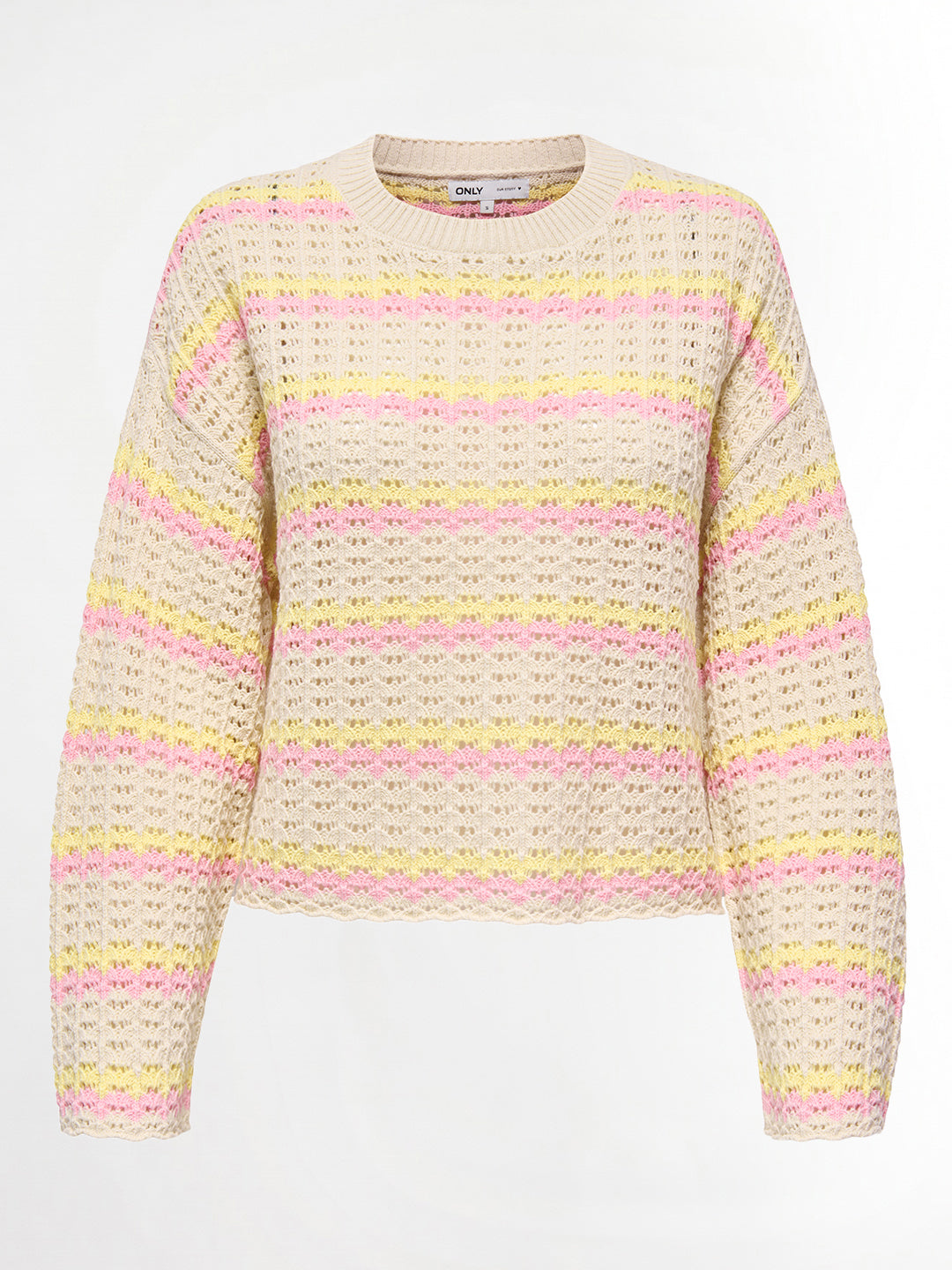 Beige Printed Crochet Knit Pullover
